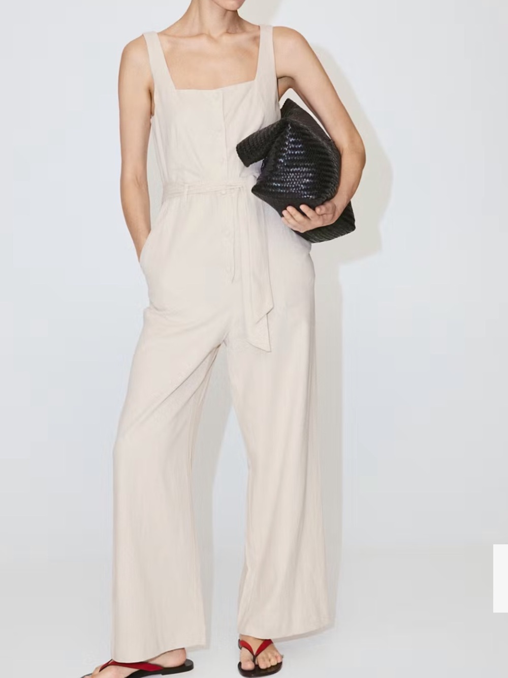 Mango Cream-Beige Wide-Leg Linen Jumpsuit with Tie Waist LINEN CROPPED PLAYSUIT